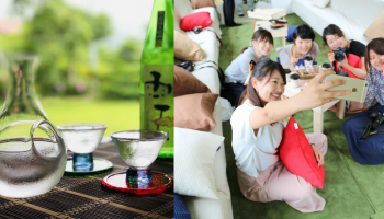 和風の「汽車カフェ」空間でくつろぐ女性たちの写真と、日本酒のボトルとグラスの写真