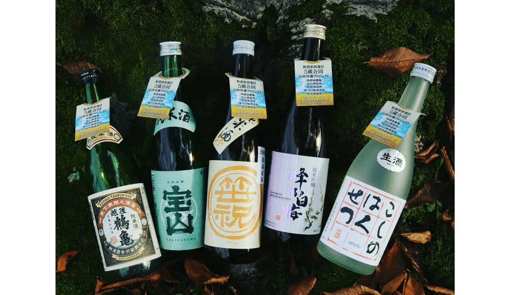 新潟県西蒲地域の5蔵の日本酒が並んだ写真