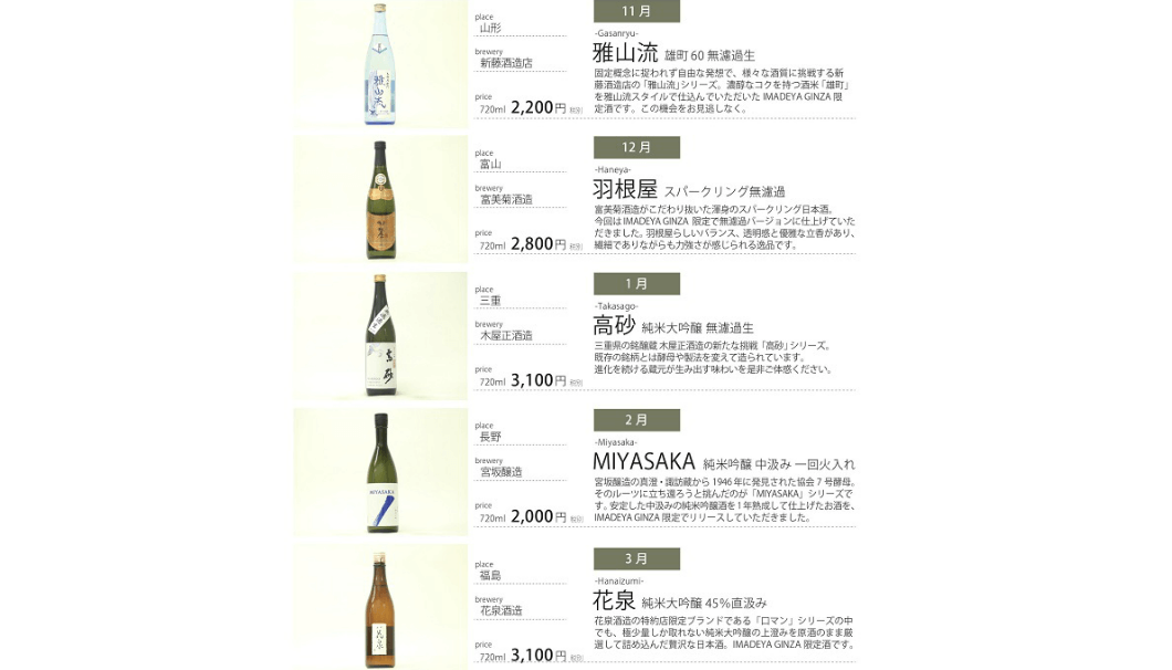 特別頒布会　WARAKU　CLUB-GINZA SELECTION-でセレクトされた日本酒のラインナップ