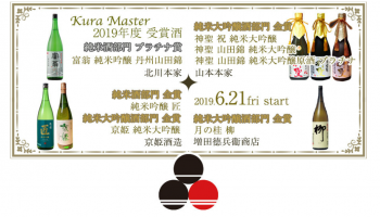 屋台村「伏水酒蔵小路」(京都市伏見区)が、日本酒コンクール「Kura Master 2019」で受賞した京都・伏見の全銘柄を6月21日(金)より提供する旨の告知画像