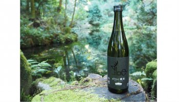 森の中に、数馬酒造(石川県鳳珠郡)の新銘柄「竹葉 gibier純米」のボトルがある写真