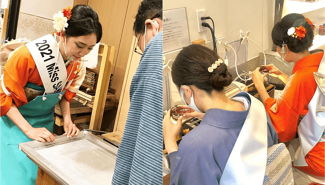 ナデシコプログラムで参加した手漉き和紙体験（写真左）と、江戸切子の作成